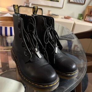Dr. Martens Black Leather Combat Boots with Yellow Stitching